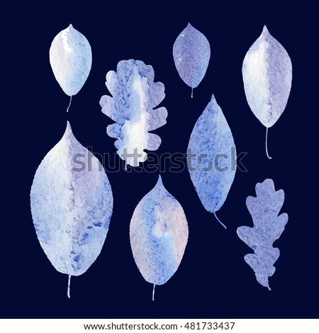 Silhouette of leaves with watercolor fill imitation. Cold gamma color. Violet blue flowers on a dark blue background. Oak and poplar leaves.