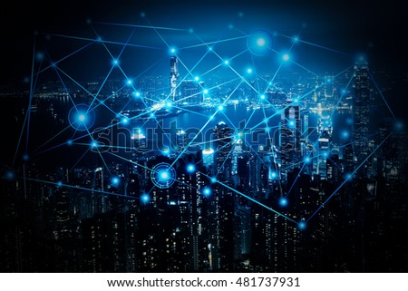 Blue tone city scape and network  connection concept