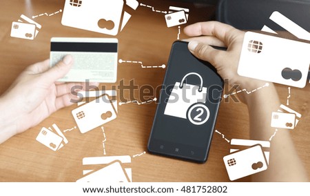 Smart phone bag online internet pay buy shop credit card network cyber web, mobile purchase. Bank card, gift card, telephone. Shopping via phone, payment by credit card online shopping market concept.