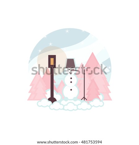 Vector element for design. Illustration of winter flat snowman in forest with broom and street lamp, cartoon landscape with Christmas tree, snowflakes. Isolated on white 8 from 9