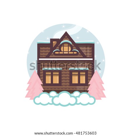 Vector element for design. Illustration of winter flat house, winter flat home, cartoon landscape with snow, drift, pine tree, Christmas tree, snowflakes. Isolated on white 1 from 9