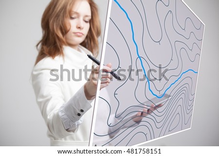 Geographic information systems concept, woman scientist working with futuristic GIS interface on a transparent screen. Royalty-Free Stock Photo #481758151