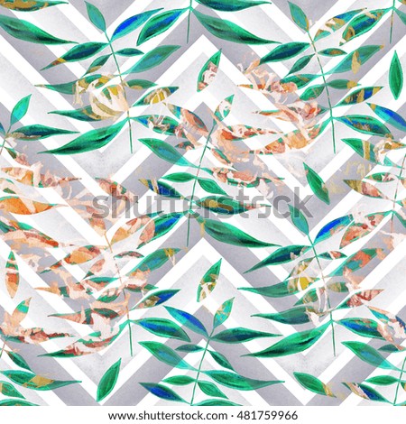 Floral clip art with colors and layers effect Geometrical drawing is imposed on a flower surface.Water color flowers on a striped background.Picturesque surface for exotic fabric.Watercolor seamless .