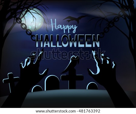 Halloween greeting poster with grave crosses, zombie's hands and ravens