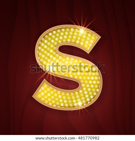 Gold light lamp bulb letter S. Sparkling glittering alphabet set design. Casino style gold letter Royalty-Free Stock Photo #481770982