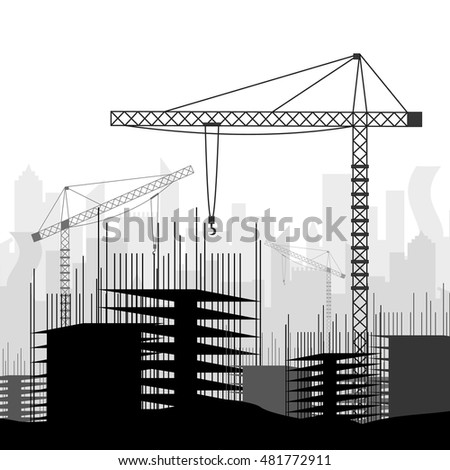Construction site with buildings and cranes. Skyscraper under construction. Vector illustration