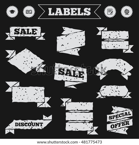 Stickers, tags and banners with grunge. Pencil with document and open book icons. Graduation cap and geography globe symbols. Learn signs. Sale or discount labels. Vector