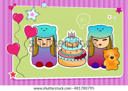 greeting card for birthday. birthday cake with candles. bright colorful children's background, patterns