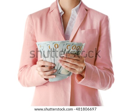 Woman with money on white background