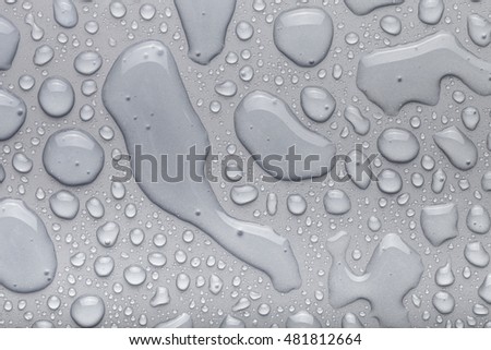 Drops of water on a color background. Gray. Shallow depth of field. Selective focus.