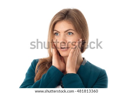 portrait of beautiful business girl in black jacket with hands on her cheeks looking away isolated on white background