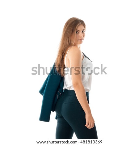 square portrait of young business girl looking at the camera with jacket on shoulder isolated on white background