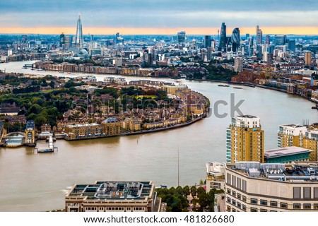London skyline during the daytime, aerial view with landmarks