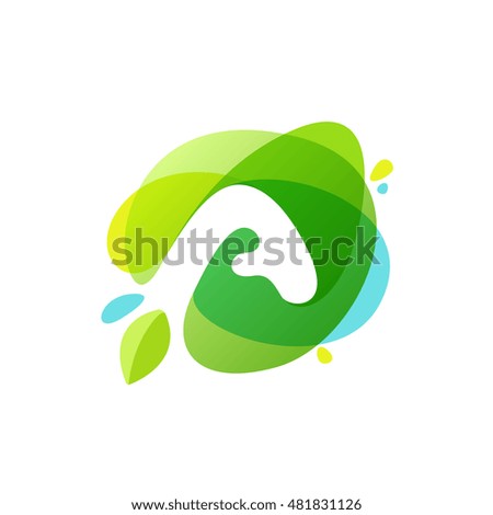 Letter A logo at green watercolor splash background. Vector elements for posters, t-shirts, ecology presentation or card.