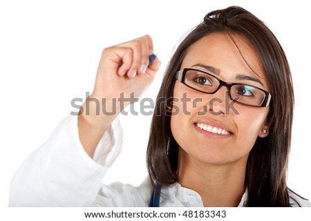 girl drawing on screen isolated over a white background
