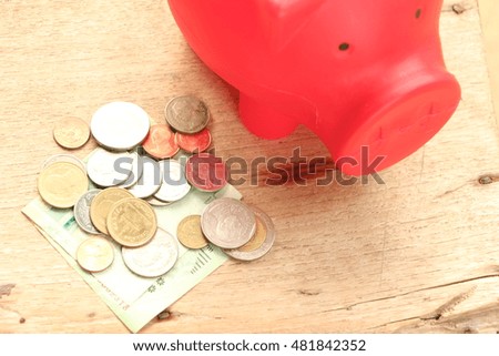 Red pig piggy bank with money, Thailand