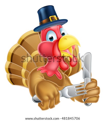 A Pilgrims hat Thanksgiving cartoon turkey holding a knife and fork