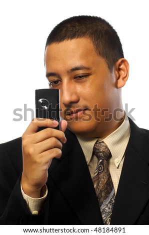 Businessman Take Photo with cellphone isolated on white background