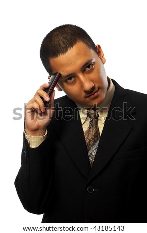 Businessman Thinking with cellphone isolated on white background