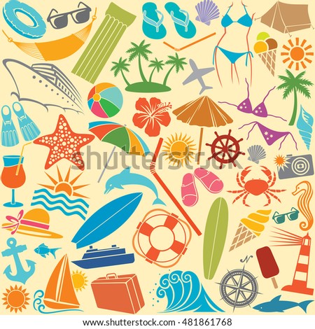travel vacation and summer icons seamless pattern (hammock, swimsuit, bikini, palm, hibiscus flower, straw umbrella, cocktail, lighthouse, anchor, lifesaver, starfish, ice cream)
