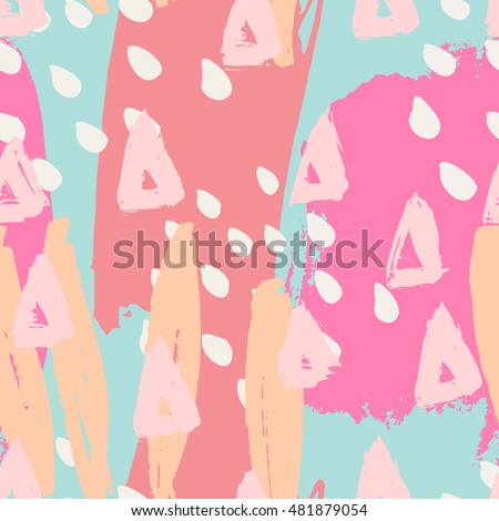 Hand drawn seamless abstract pattern in pink, orange, blue and white. Modern textile, greeting card, poster, wrapping paper designs.
