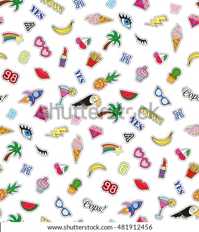 Seamless pattern with Fashion patches. stickers, pins, patches and handwritten notes collection in cartoon 80s-90s comic style. Trend. Vector illustration. Vector clip art.
