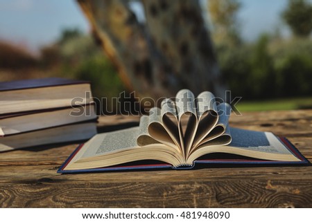 Open book with folded pages and pile of closed books on a background.