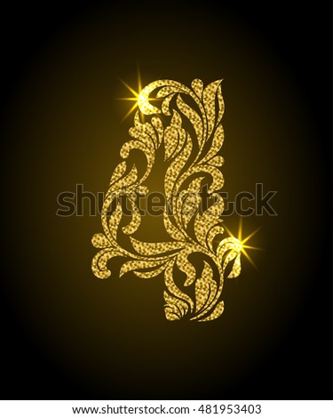 4. Decorative Font with swirls and floral elements. Ornate decorated digit four with golden glitter