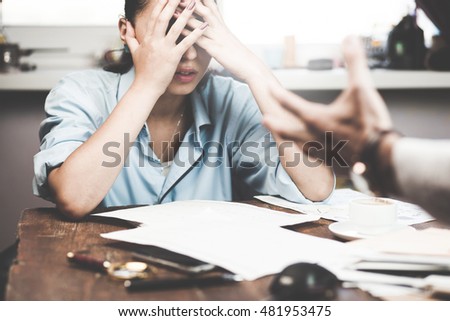 Boss threatening with finger his employee, isolated Royalty-Free Stock Photo #481953475
