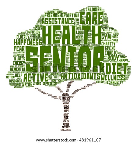 Concept conceptual old senior health, care or elderly people abstract tree word cloud isolated on background metaphor to healthcare, illness, medicine, assistance, help, treatment, active or happy