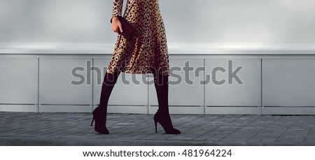 Street fashion concept - stylish elegant woman in leopard dress on heels with clutch handbag walking in the city