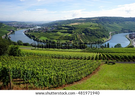 View of Mosell valley on the border Luxembourg and Germany Royalty-Free Stock Photo #481971940