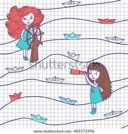 Vector seamless pattern in Vintage style in notebook. Lovely girls and paper boats hand-drawn in a cartoon style. Romantic illustration with cute characters.