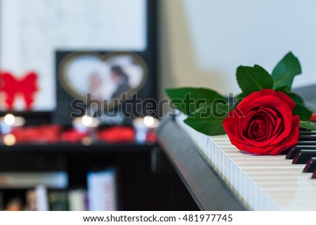 Red rose on piano with couple photo and candles background.