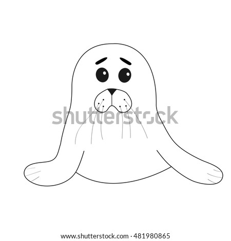 Cute seal pup baby harp. Cartoon contour character. White background. Isolated. Flat design.