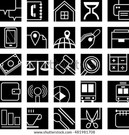 Business package icons in black. There are simple flat vector icons related to communication, business and media. 
