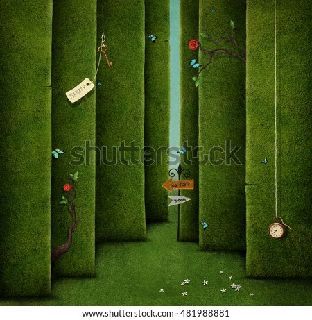 Conceptual illustration of green maze and fantasy objects Royalty-Free Stock Photo #481988881