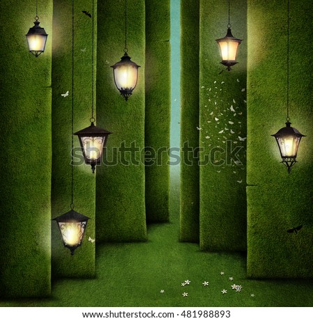 Conceptual illustration of green maze and street lantern
