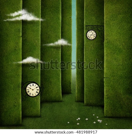 Conceptual illustration of green maze and fantasy objects