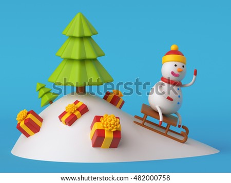 3d render, Christmas illustration, snowman, winter outdoor activity, festive clip art, isolated on blue background, holiday greeting card