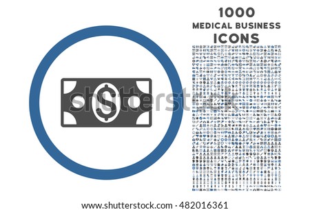 Dollar Banknote rounded vector bicolor icon with 1000 medical business icons. Set style is flat pictograms, cobalt and gray colors, white background.