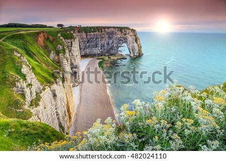 Amazing cliffs Aval of Etretat and beautiful famous coastline,Normandy,France,Europe Royalty-Free Stock Photo #482024110