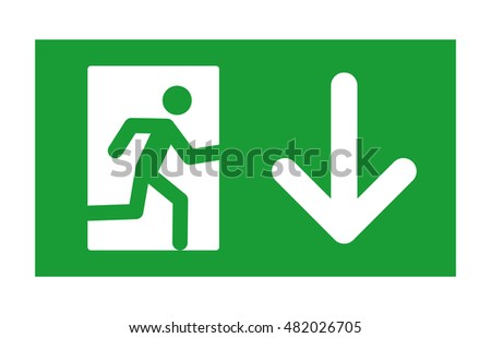 Green exit sign with running man and down arrow flat vector sign / icon for print