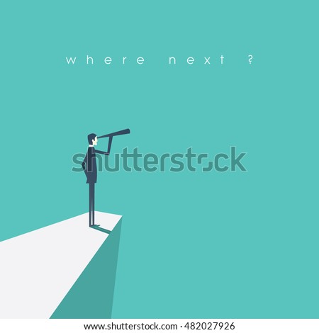 Visionary leadership concept vector illustration with business man looking through telescope from a cliff. Eps10 vector illustration. Royalty-Free Stock Photo #482027926