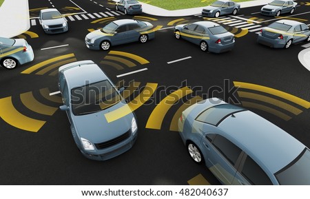 Autonomous cars on a road with visible connection Royalty-Free Stock Photo #482040637