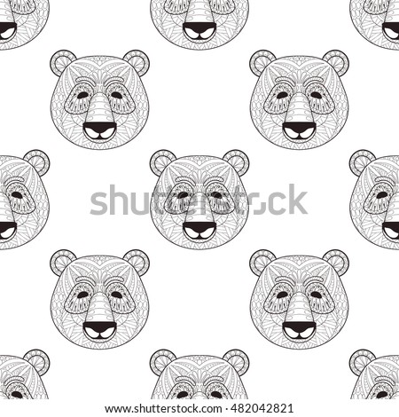 Head Panda seamless pattern in zentangle style. Freehand sketch for adult coloring page with doodle elements. Ornamental artistic vector illustration for tattoo, t-shirt print. Animal collection.