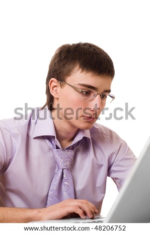 portrait of a handsome businessman in a purple shirt for a laptop on a white background