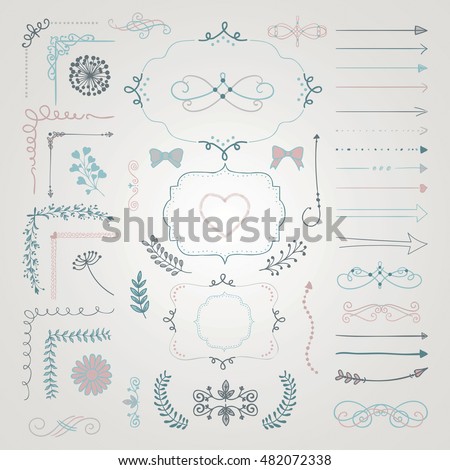 Set of Colorful Hand Drawn Doodle Design Elements. Rustic Decorative Borders, Dividers, Arrows, Swirls, Scrolls, Frames, Corners, Objects Vector Illustration