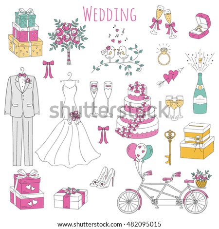 Vector set of hand drawn wedding icons wedding dress, suit, cake, bicycle, bouquet,champagne, engagement ring, gift box, birdcage isolated doodle sketch illustrations.