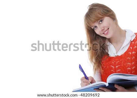 isolated beautiful young woman with book
